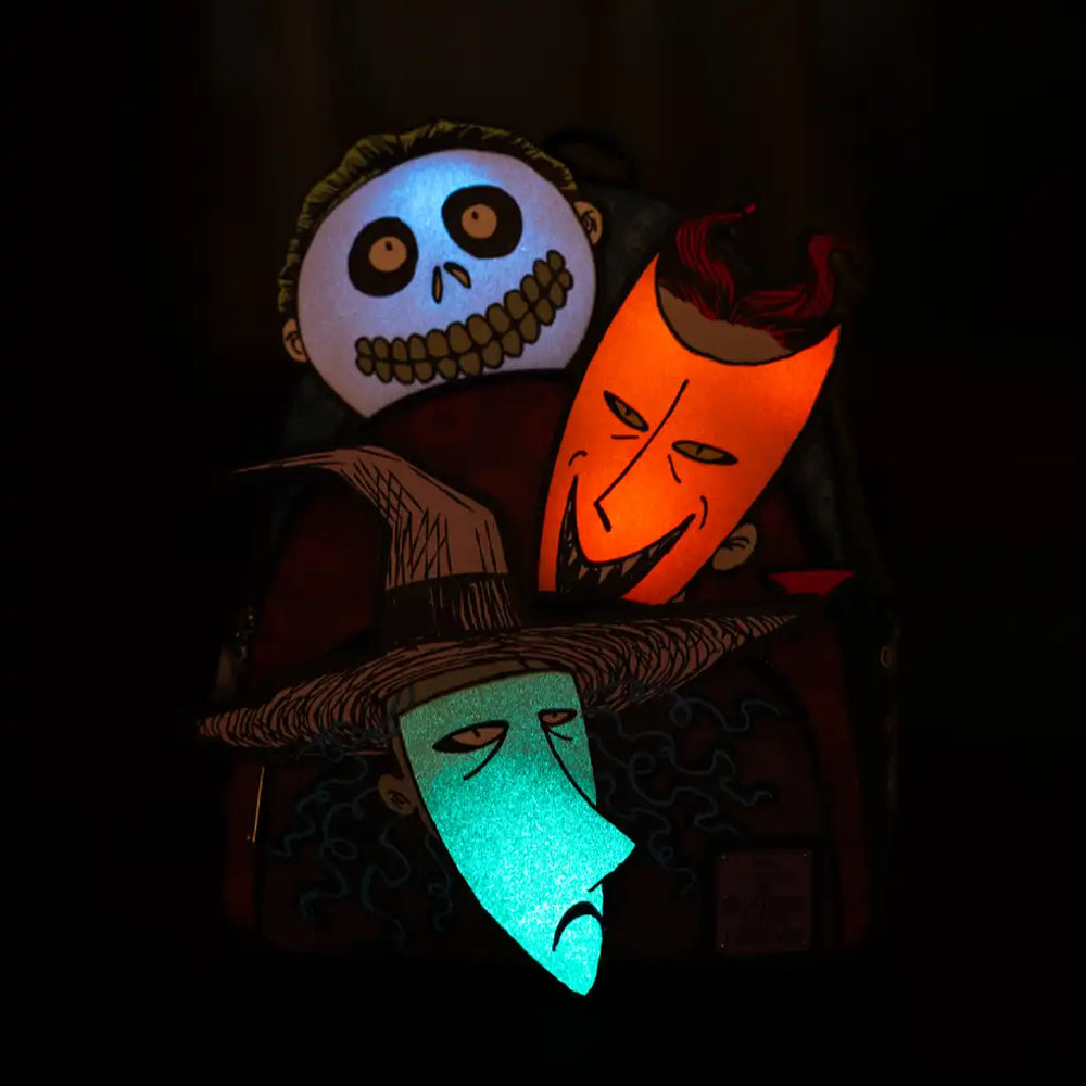 Loungefly Disney Nightmare Before Christmas Glow in the Dark Lock, Shock, and Barrel Triple Pocket Mini Backpack - 707 Street Exclusive