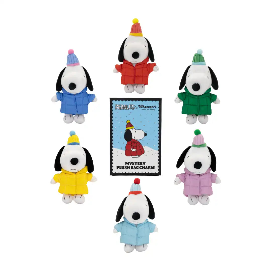 Whatever Makes You Happy Peanuts Snoopy Puffer Jacket Mystery Box Plush Bag Charms