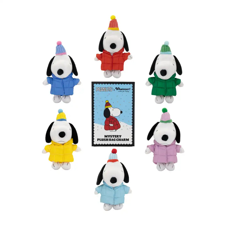 Whatever Makes You Happy Peanuts Snoopy Puffer Jacket Mystery Box Plush Bag Charms