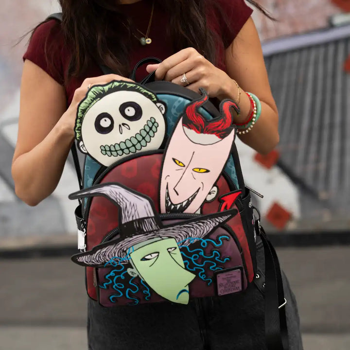 Loungefly Disney Nightmare Before Christmas Glow in the Dark Lock, Shock, and Barrel Triple Pocket Mini Backpack - 707 Street Exclusive