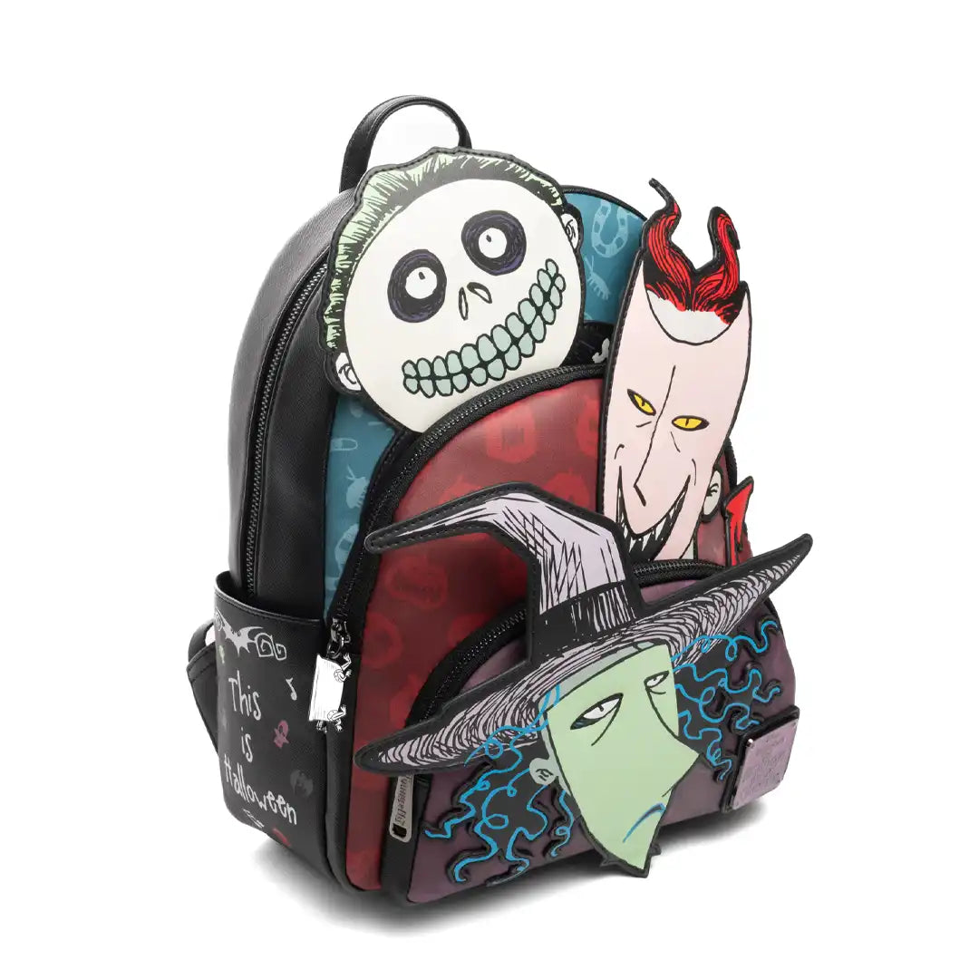 Loungefly Disney Nightmare Before Christmas Glow in the Dark Lock, Shock, and Barrel Triple Pocket Mini Backpack - 707 Street Exclusive