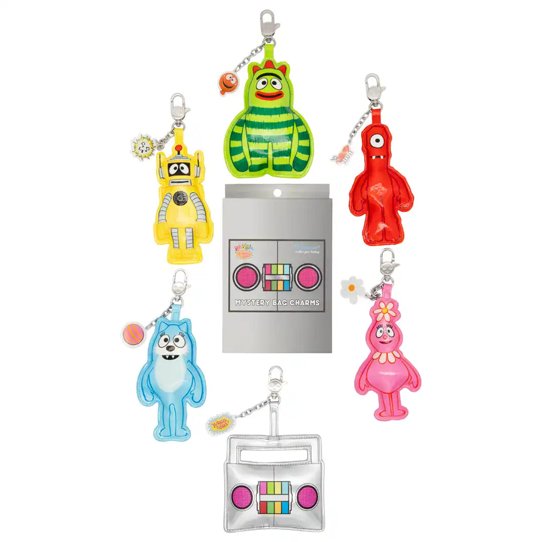 Whatever Makes You Happy Yo Gabba Gabba Mystery Bag Glitter Vinyl Characters Padded Bag Charm