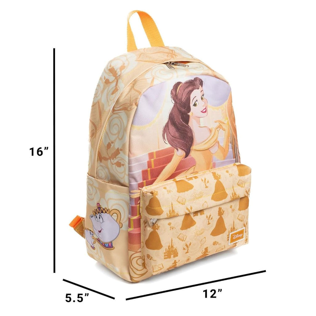 Wondapop Disney Princess Belle Backpack 16” Girls School Backpack with Laptop Sleeve, Front Pocket &amp; Side Pockets, Beauty and the Beast Bookbag for Kids