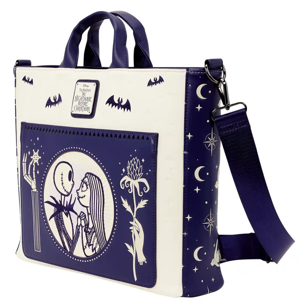 Loungefly Disney Nightmare Before Christmas Jack Skellington &amp; Sally Night Sky Convertible Backpack &amp; Tote Bag