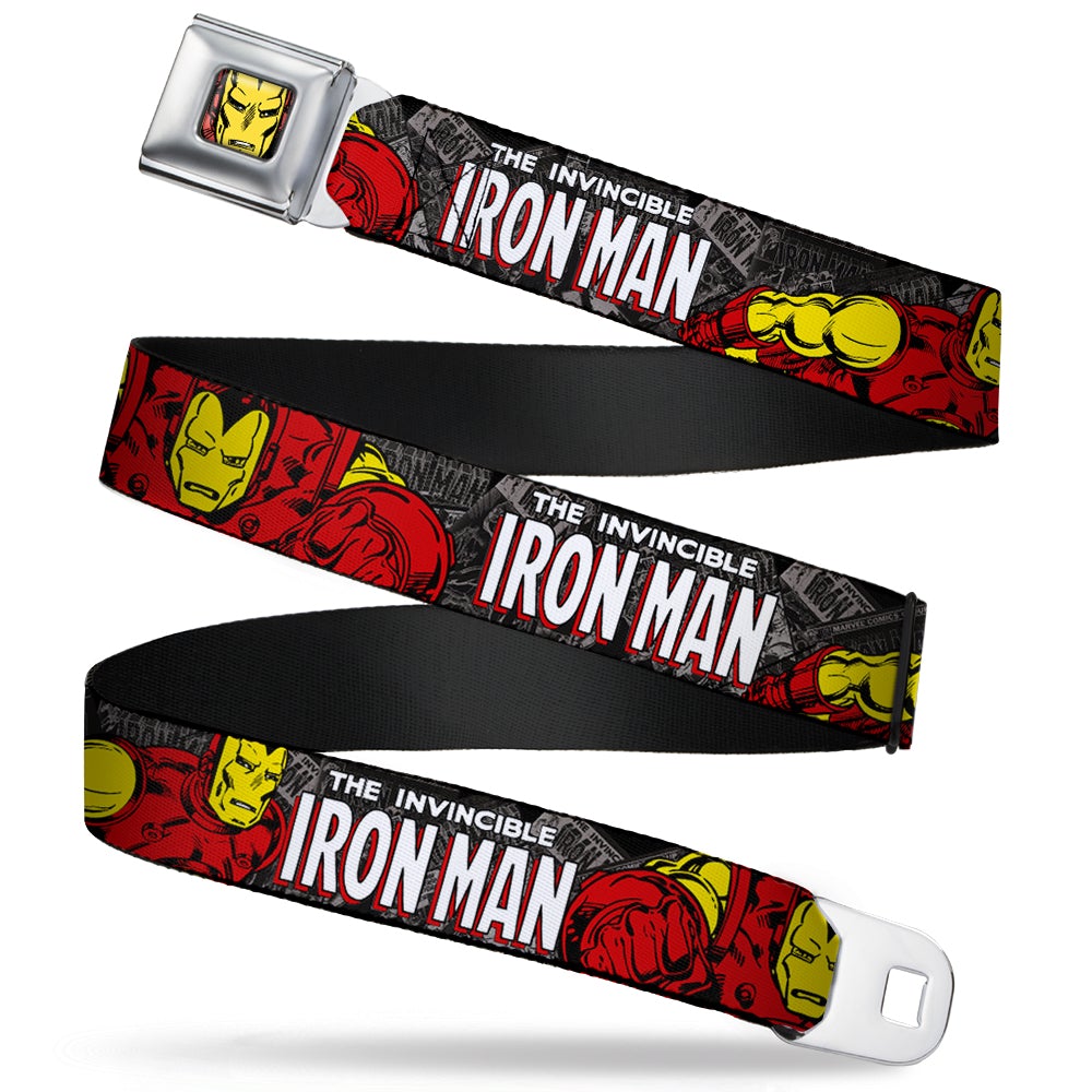 Marvel Comics Iron Man Face Full - The Invincible Iron Man Stacked Comic Books/Action Poses Webbing Seatbelt Belt-FRONT