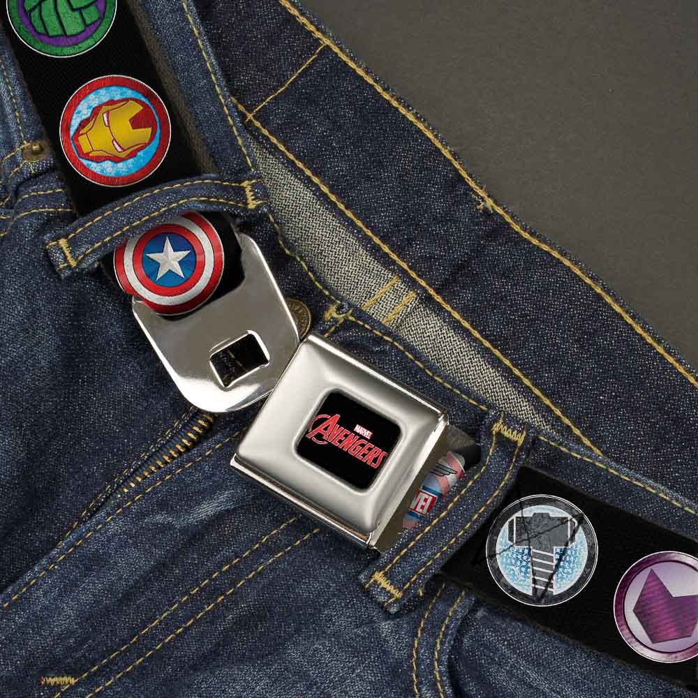 Marvel Avengers Logo Full Color - 9-Avenger Icons Black/Multi Color Webbing Seatbelt Belt-LIFESTYLE