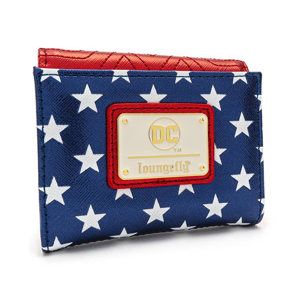 LOUNGEFLY X DC COMICS WONDER WOMAN RED WHITE AND BLUE FLAP WALLET - BACK