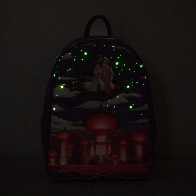 707 Street Exclusive - Loungefly Disney Glow in the Dark Aladdin and Jasmine Magic Carpet Ride Mini Backpack - Glow in the Dark Details