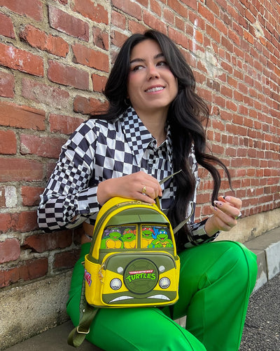 707 Street Exclusive - Loungefly Nickelodeon TMNT Light Up Turtle Party Wagon Mini Backpack - Front With Model