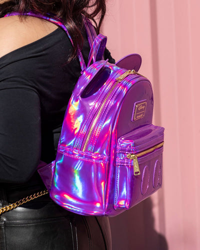 Loungefly Disney Mickey Mouse Holographic Series Mini Backpack: Amethyst - 707 Street Exclusive - Girl Wearing Purple Holographic Loungefly Backpack Showing Side of Bag