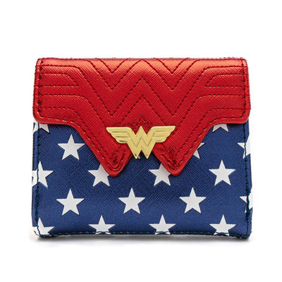 LOUNGEFLY X DC COMICS WONDER WOMAN RED WHITE AND BLUE FLAP WALLET - FRONT