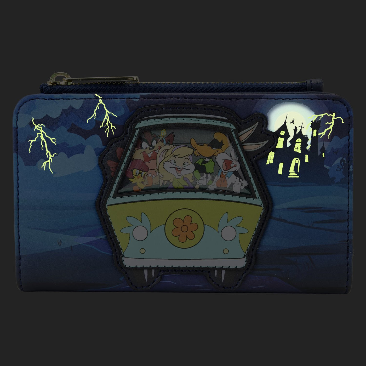 671803460898 - Loungefly Warner Brothers 100th Anniversary Looney Tunes Scooby Mash Up Flap Wallet - Glow in the Dark Front