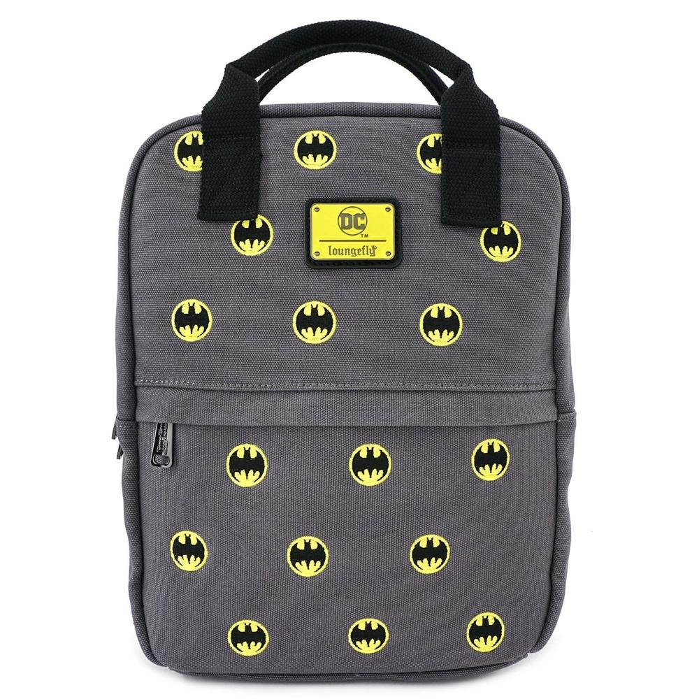 LOUNGEFLY X DC COMICS BATMAN 80TH ANNIVERSARY AOP CANVAS SQUARE BACKPACK - FRONT