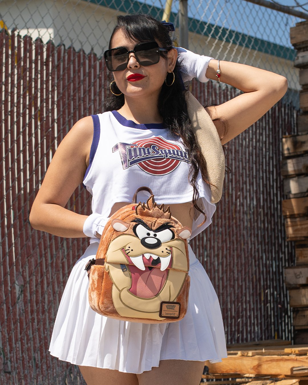 707 Street Exclusive - Loungefly Warner Brothers Looney Tunes Tasmanian Devil Plush Cosplay Mini Backpack - Lifestyle With Model