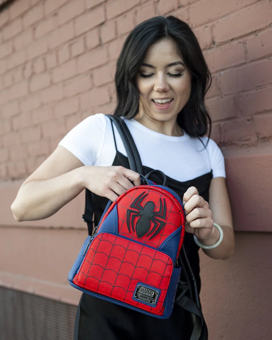 Loungefly Marvel Spider Man Classic Cosplay Mini Backpack - 671803311053 - Front Lifestyle with Model