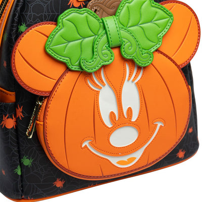 671803469112 - 707 Street Exclusive - Loungefly Disney Glow in the Dark Pumpkin Minnie Mouse Mini Backpack - Close Up