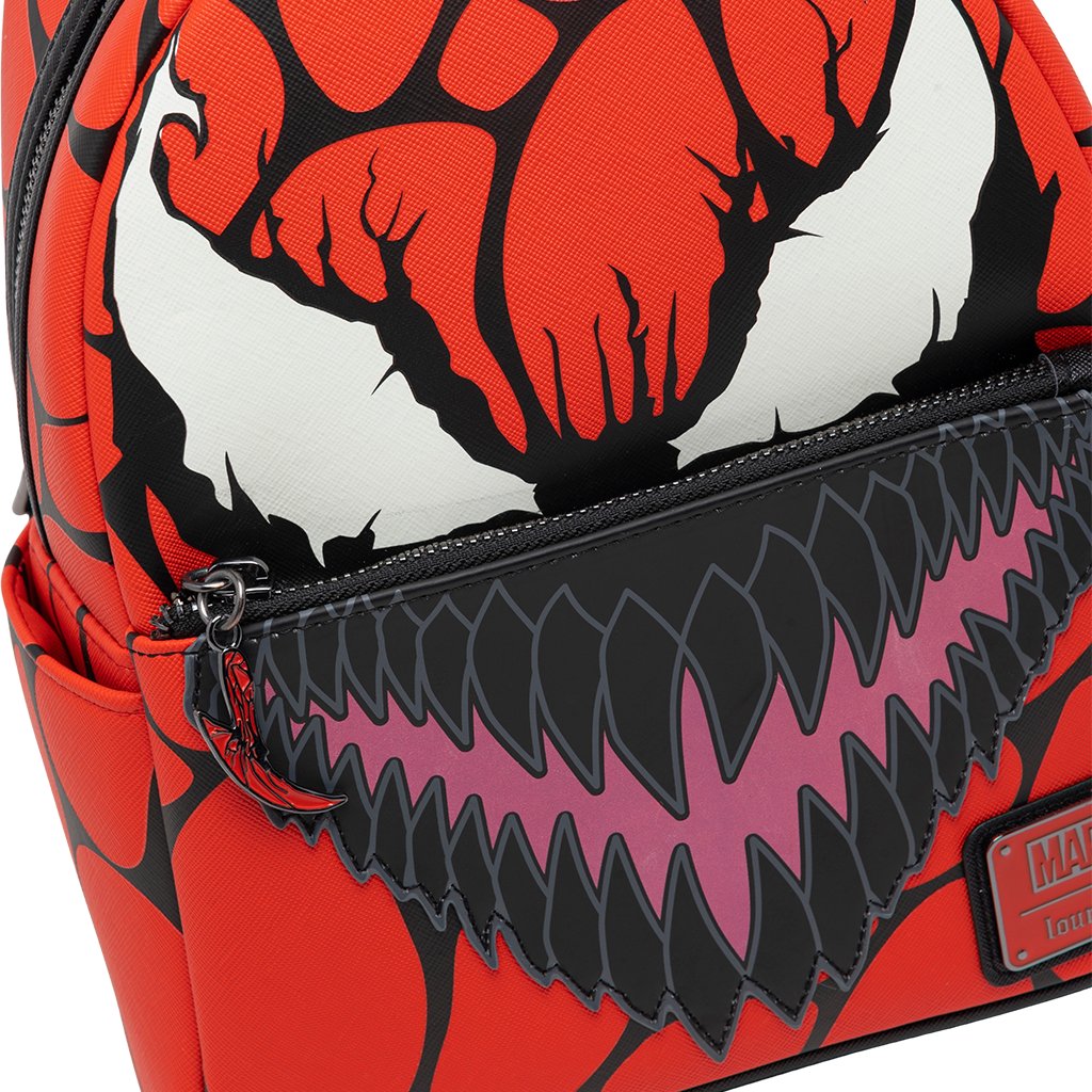 707 Street Exclusive - Loungefly Marvel Glow in the Dark Carnage Cosplay Mini Backpack - 671803424289 - Front Closeup