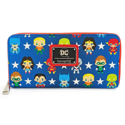 Loungefly x DC Comics Justice League Chibi Character All Over Print Zip-Around Wallet - FRONT
