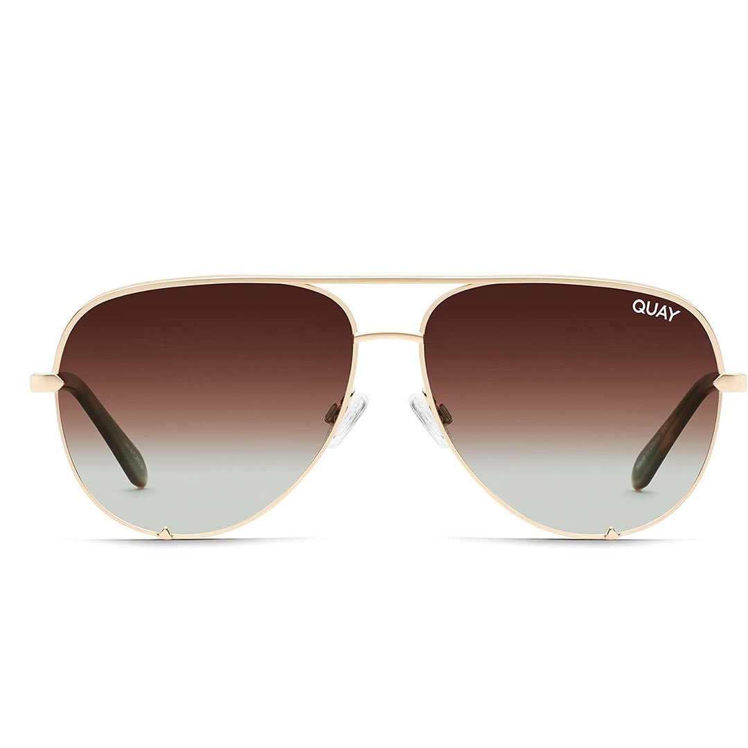 Gold Frame and Brown Fade Aviator Sunglasses Front View: Front view of Quay Australia Unisex High Key Mini Classic Aviator Sunglasses with a gold frame and brown fade polarized lenses, emphasizing the classic aviator style and Quay branding.