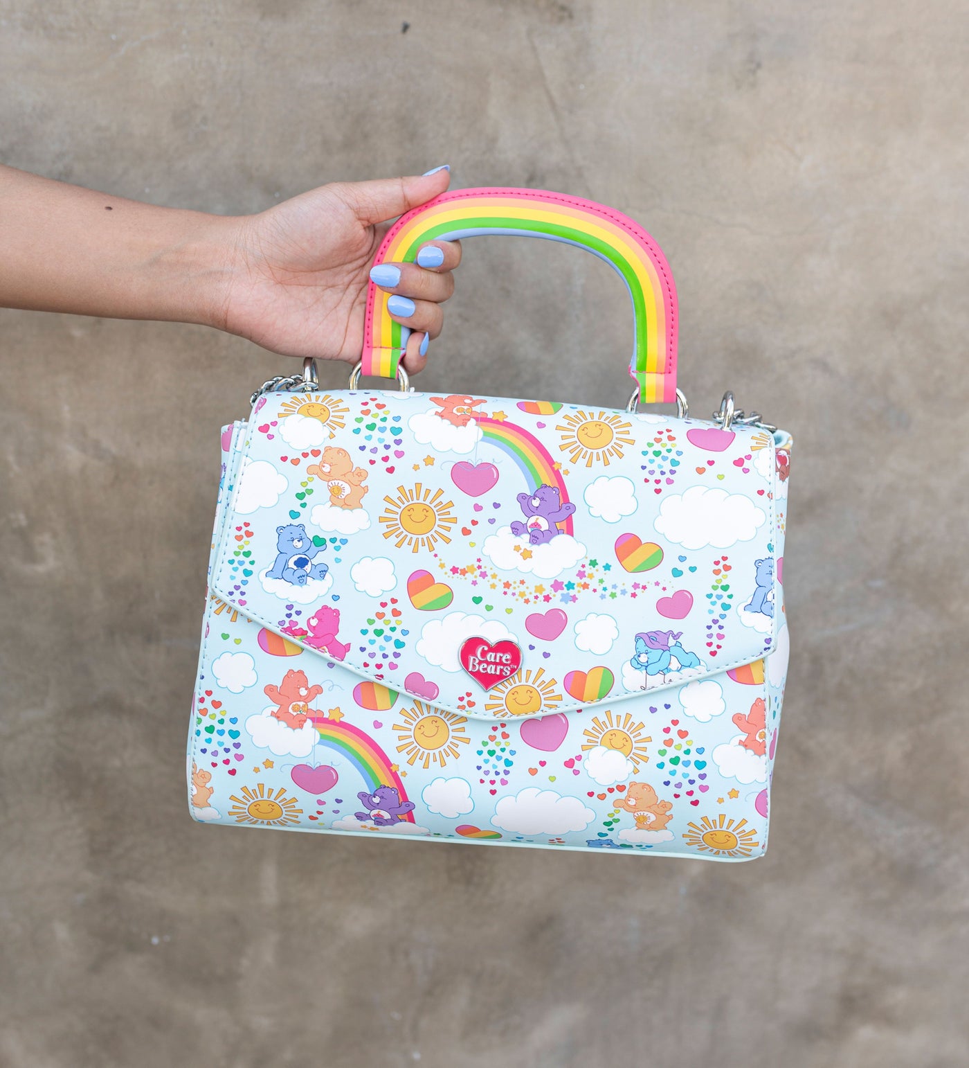 Loungefly Care Bears Allover Print Rainbow Handle Crossbody - IRL Front