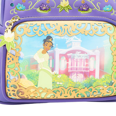 671803454217 - 707 Street Exclusive - Loungefly Disney Princess Dreams Series Tiana Mini Backpack - Front Pocket Close Up