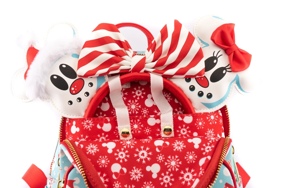 Loungefly Disney Mickey & Minnie Snowman Allover Print Mini Backpack Headband Set Inside
