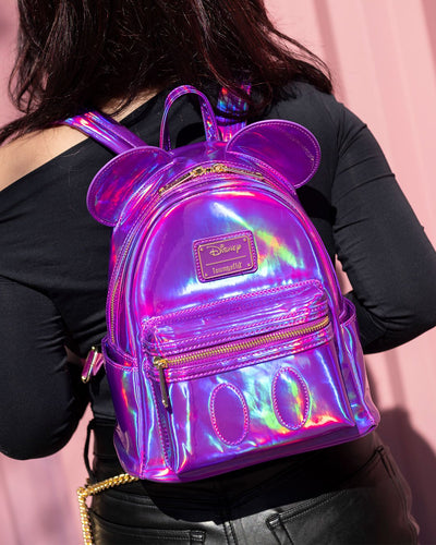Loungefly Disney Mickey Mouse Holographic Series Mini Backpack: Amethyst - 707 Street Exclusive - Girl Wearing Purple Holographic Loungefly Backpack Showing Front of Bag