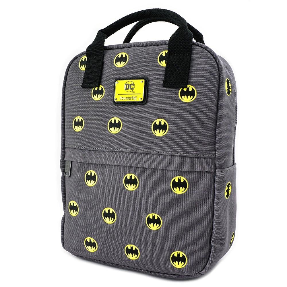 LOUNGEFLY X DC COMICS BATMAN 80TH ANNIVERSARY AOP CANVAS SQUARE BACKPACK - SIDE