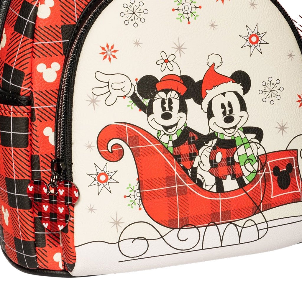 Loungefly Disney Holiday Mickey and Minnie Mouse Mini Backpack - Entertainment Earth Ex - Loungefly mini backpack close up