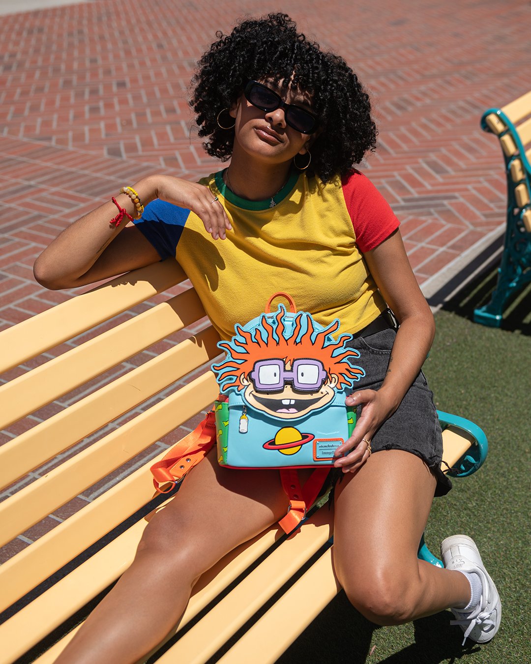 707 Street Exclusive - Loungefly Nickelodeon Rugrats Chuckie Cosplay Mini Backpack With Removable Glasses - Front Lifestyle With Model