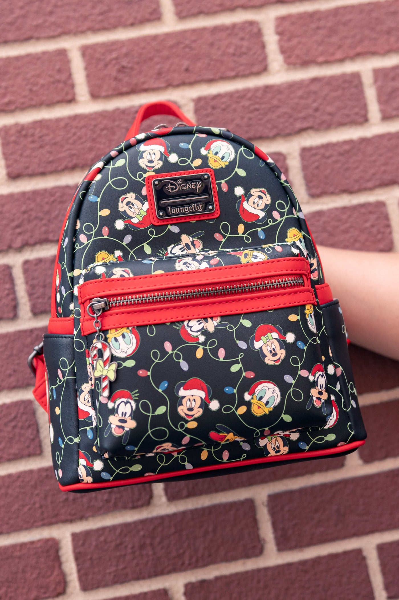 707 Street Exclusive - Loungefly Disney Glow in the Dark Santa Mickey and Friends Christmas Lights Mini Backpack - IRL Front