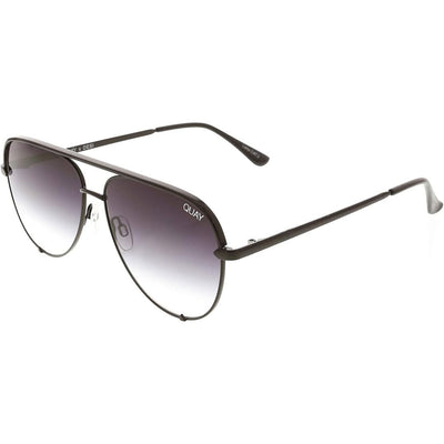 Quay Australia Unisex High Key Mini Classic Aviator Sunglasses featuring a black frame and fade lenses, showcased from a side angle to highlight the sleek design and adjustable nose pads.