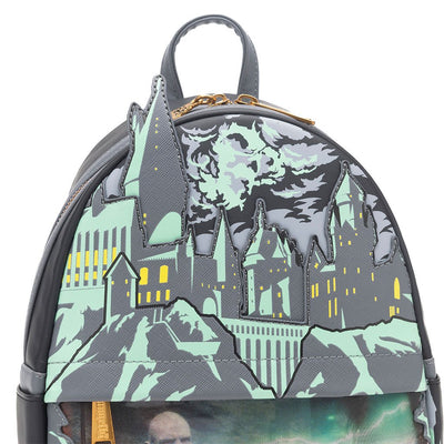 671803459397 - 707 Street Exclusive - Loungefly Harry Potter Glow in the Dark Battle of Hogwarts Lenticular Mini Backpack - Hogwarts Castle Close Up
