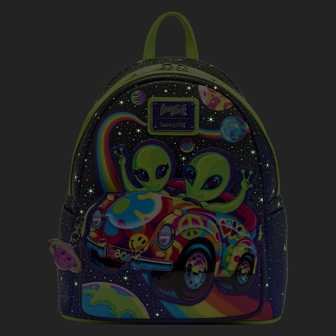 671803444249 - Loungefly Lisa Frank Cosmic Alien Ride Mini Backpack - Glow in the Dark