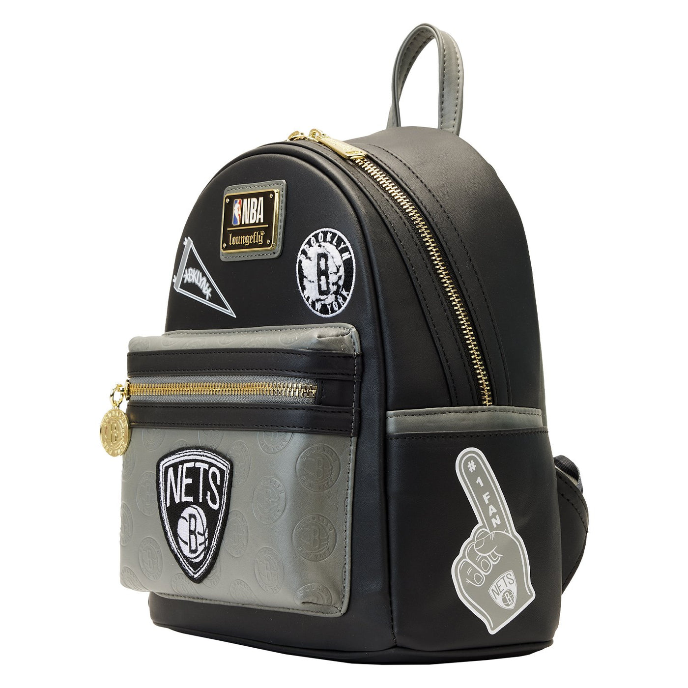 671803451759 - Loungefly NBA Brooklyn Nets Patch Icons Mini Backpack - Side View