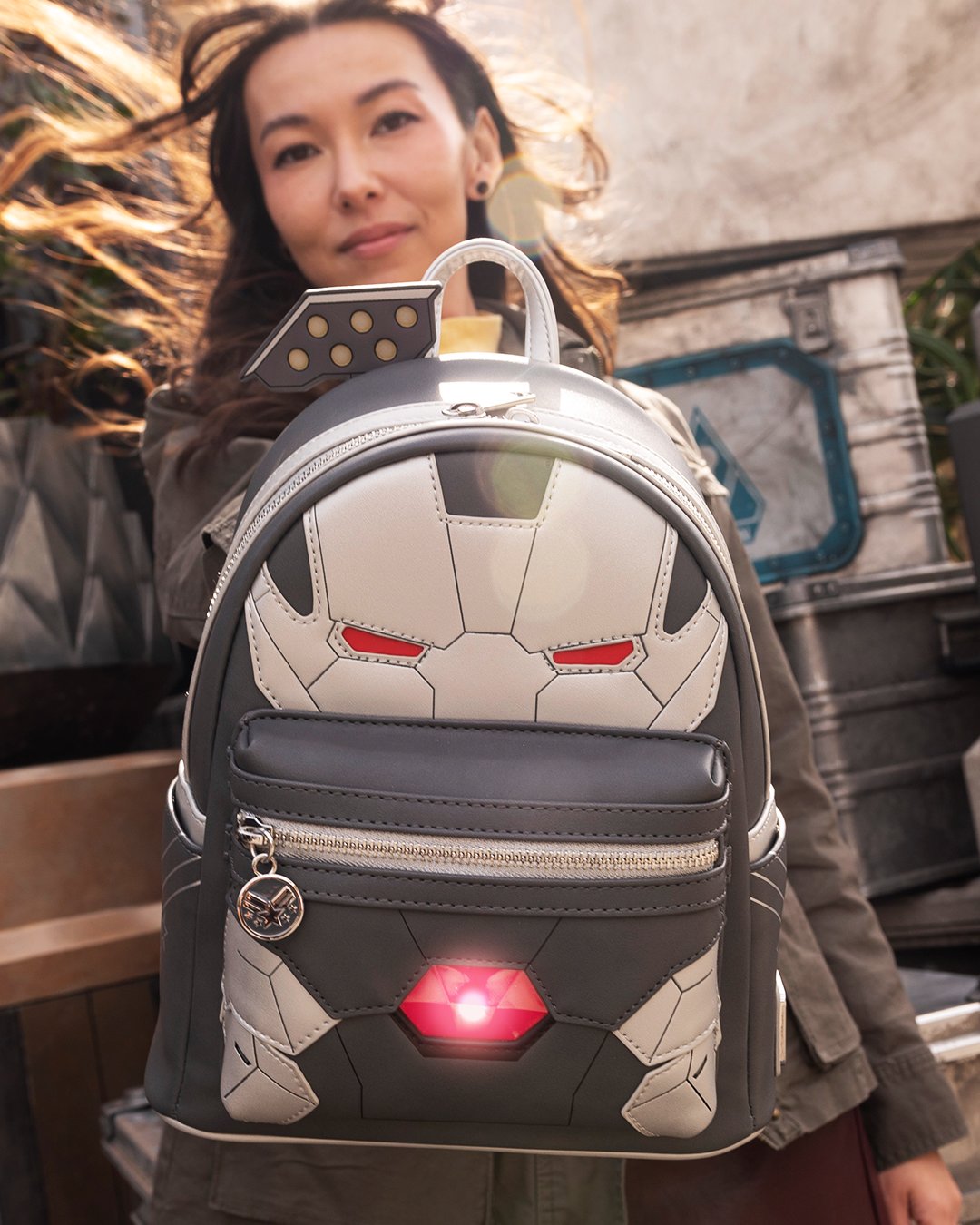 707 Street Exclusive - Loungefly Marvel Light Up War Machine Cosplay Mini Backpack - Front Lifestyle With Model - 671803432826