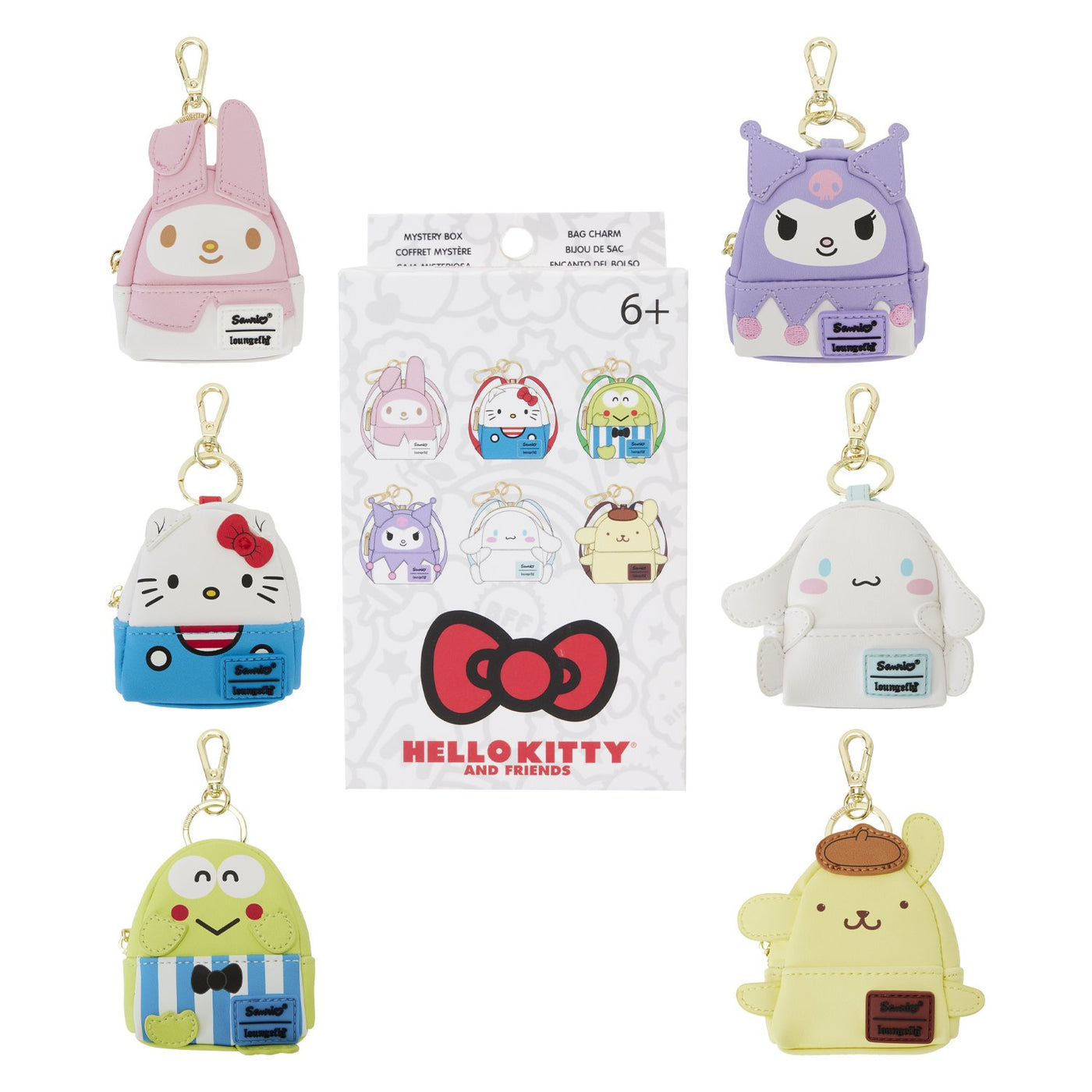 Loungefly Sanrio Hello Kitty 50th Anniversary Classic Mystery Box Mini Backpack Keychains - Packaging with Characters