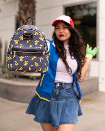 707 Street Exclusive - Loungefly Pokemon Pikachu Allover Print Mini Backpack - Front Lifestyle With Model