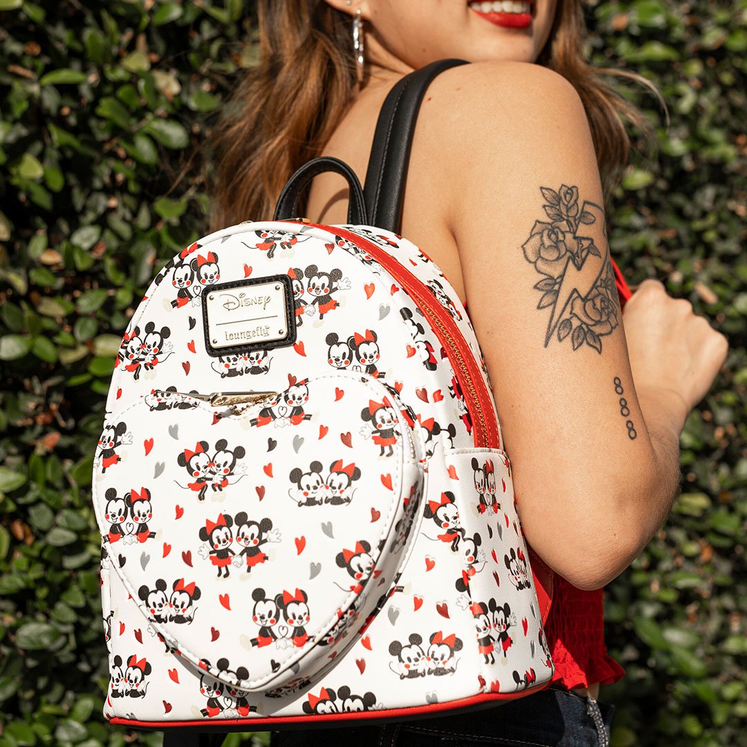 Loungefly Disney Mickey and Minnie Mouse Heart Allover Print Mini Backpack