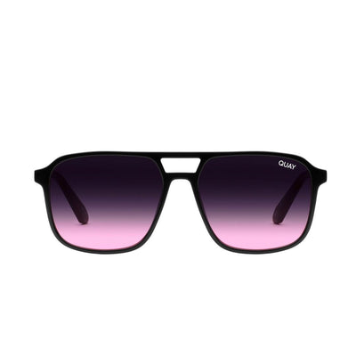 Quay Unisex On The Fly Retro Square Aviator Sunglasses Black Frame/Black Pink Fade Lens - front view