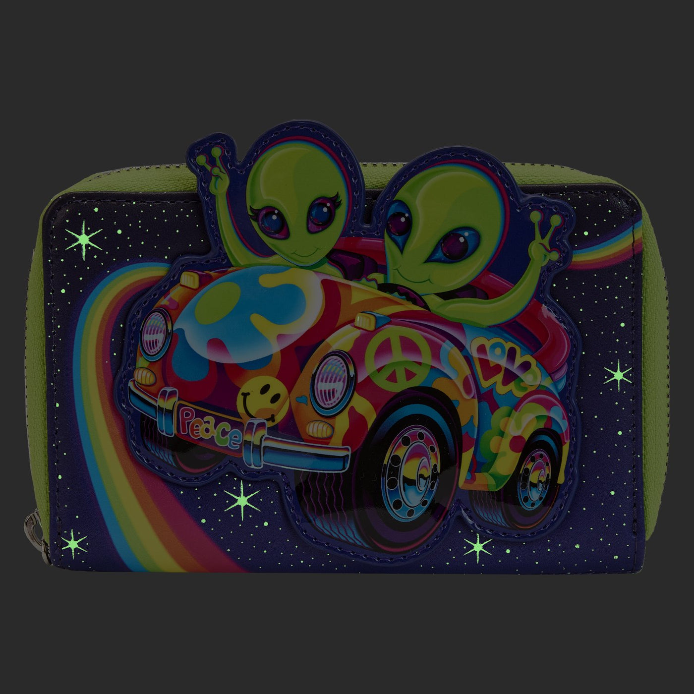 671803444256 - Loungefly Lisa Frank Cosmic Alien Ride Zip-Around Wallet - Glow in the Dark