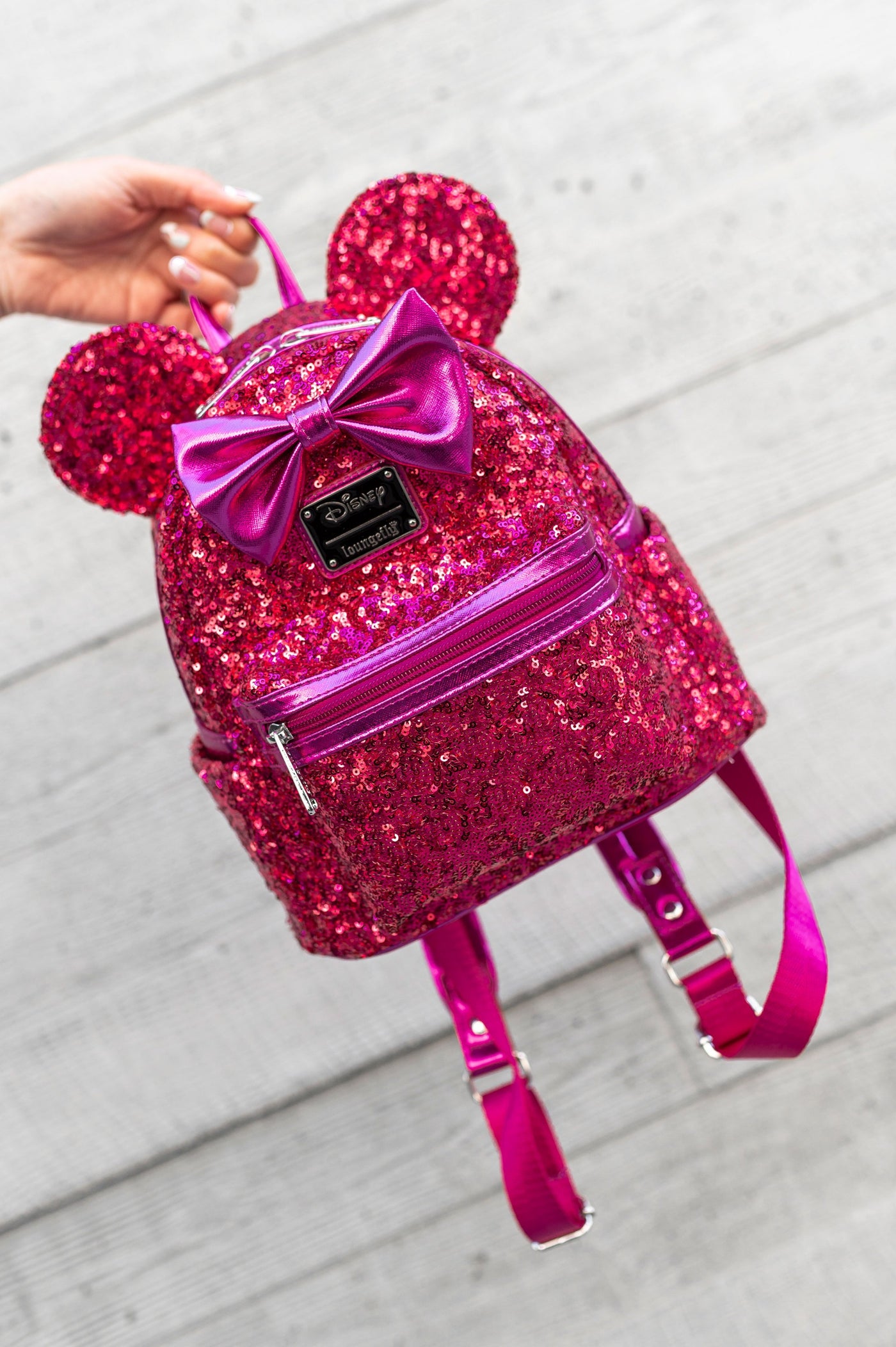 707 Street Exclusive - Loungefly Disney Minnie Mouse Magenta Sequin Mini Backpack - Lifestyle Image 01