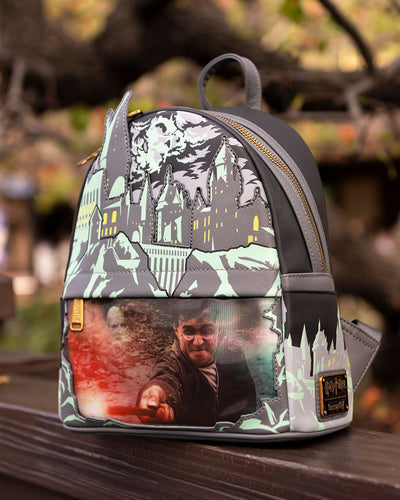 671803459397 - 707 Street Exclusive - Loungefly Harry Potter Glow in the Dark Battle of Hogwarts Lenticular Mini Backpack - Lenticular Screen Showing Harry Potter with Forest in the Background
