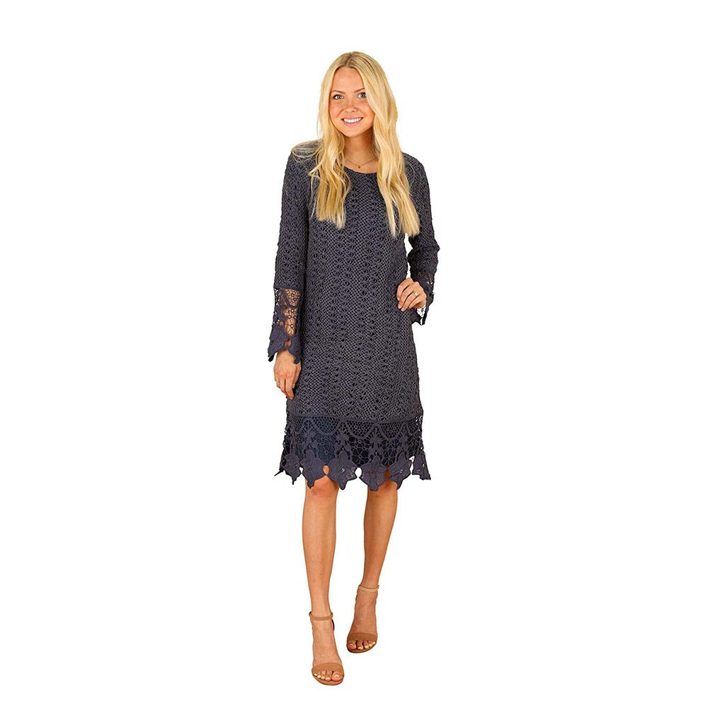 Lydia Modest Crochet Overlay Long Sleeve Dress