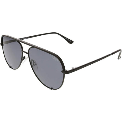 Quay Australia Unisex High Key Mini Classic Aviator Sunglasses featuring a black frame and smoke lenses, showcased from a side angle to highlight the sleek design and adjustable nose pads.