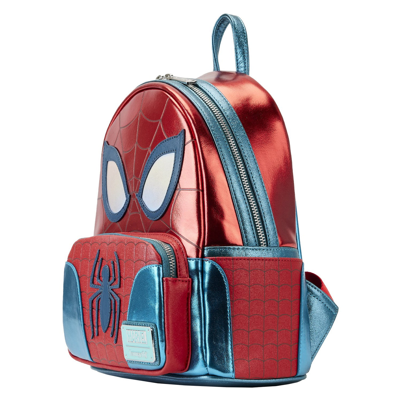 671803458338 - Loungefly Marvel Shine Spiderman Cosplay Mini Backpack - Side View