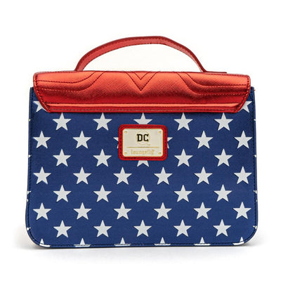 LOUNGEFLY X DC COMICS WONDER WOMAN RED WHITE AND BLUE GOLD CHAIN CROSSBODY BAG - BACK