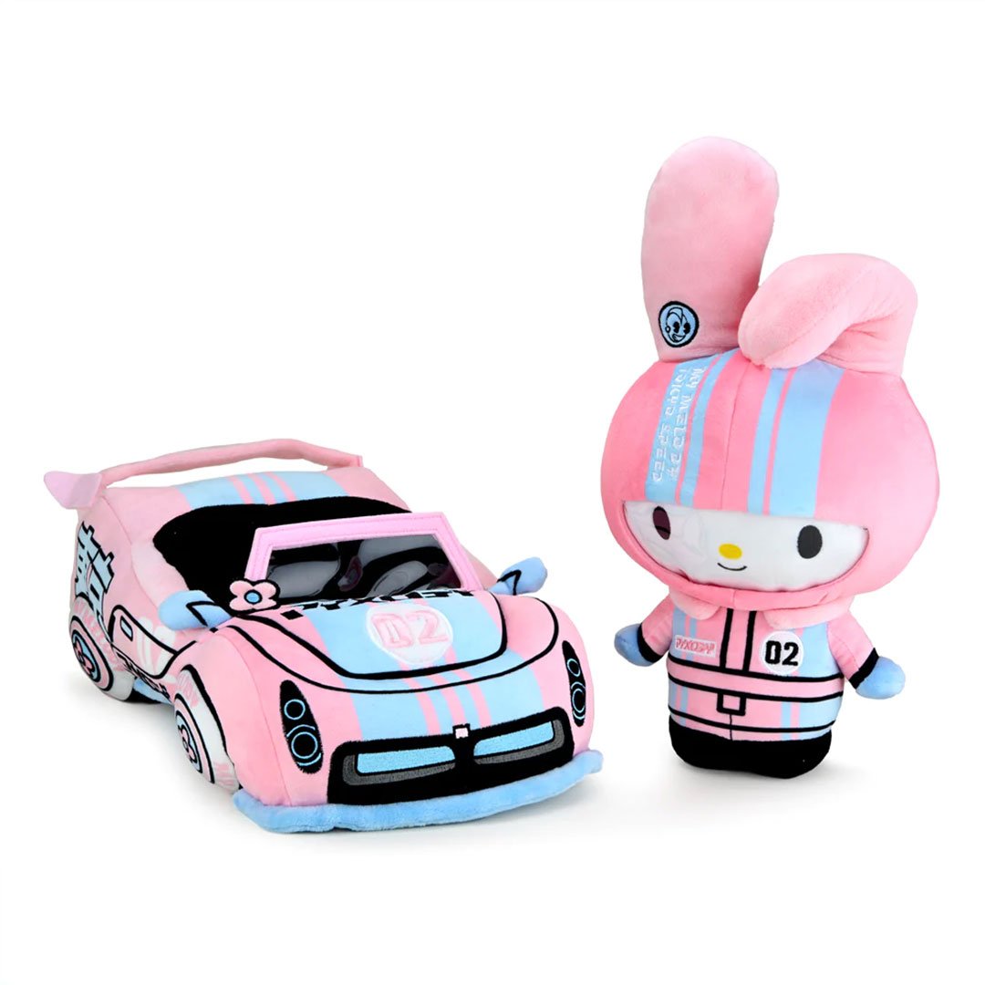 Kidrobot Sanrio 13" Hello Kitty and Friends My Melody Tokyo Speed Racer Plush Toy - Figure next to car