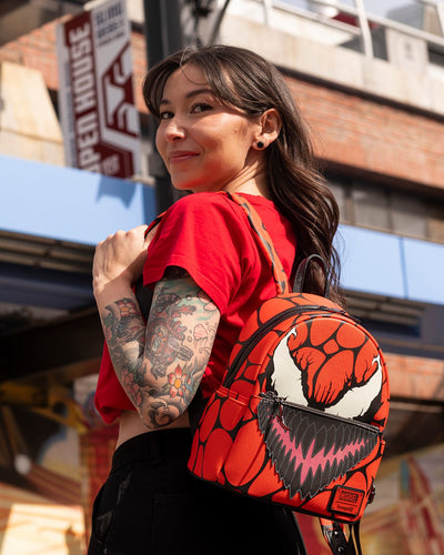 707 Street Exclusive - Loungefly Marvel Glow in the Dark Carnage Cosplay Mini Backpack - 671803424289 - Lifestyle Model