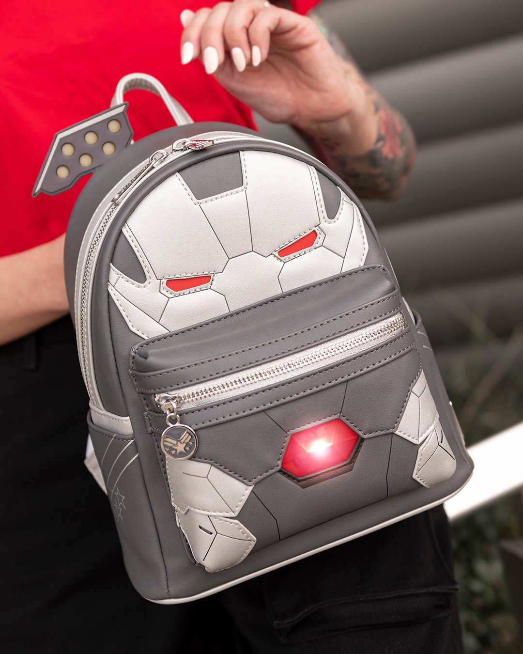 707 Street Exclusive - Loungefly Marvel Light Up War Machine Cosplay Mini Backpack - Front Lifestyle - 671803432826